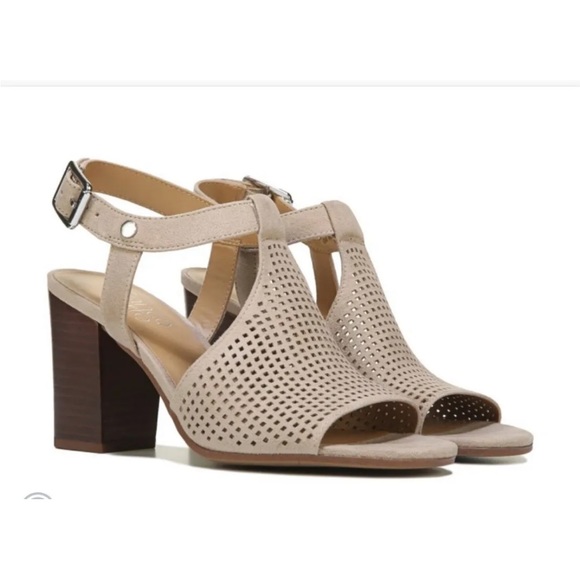Franco Sarto Shoes - Franco Sarto Molly Sandal Open Toe Perforated block Heel Tan Ankle Strap Buckle